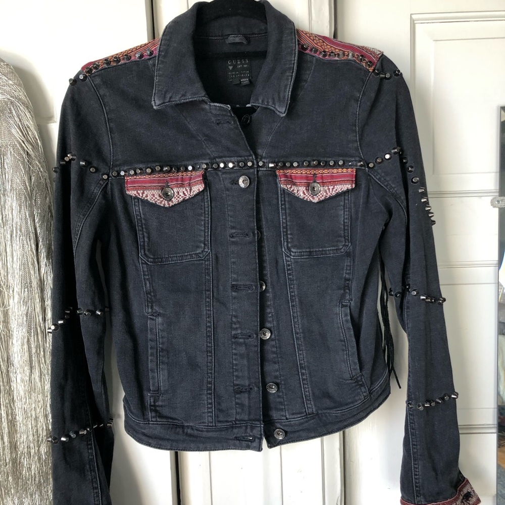 GUESS Coachella collection, black, leather and denim jacket with embroidery